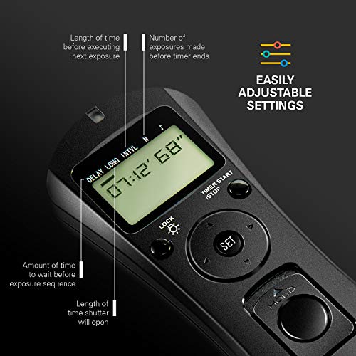 Polaroid Wireless Camera Shutter Remote w/Interval Timer - Includes Receiver, Handheld Transmitter w/Backlit Display & Connector Cable - Transmitter Enables Shooting Mode Switching w/o Need of Adjusting Camera Settings - Battery Operated For Nikon D90, D3100, D3200, D5000, D5100, D5200, D5300, D7000, D7100, D600, D610, P7700, P7800 SLR Cameras