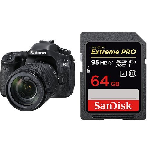 Canon Digital SLR Camera Body [EOS 80D] with EF-S 18-55mm f/3.5-5.6 Image Stabilization STM Lens and 64GB SDXC UHS-I Memory Card - Black