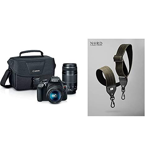 Canon EOS Rebel T6 Digital SLR Camera Kit with EF-S 18-55mm and EF 75-300mm Zoom Lenses (Black) with JL GEAR Nord Corduroy Universal Camera Strap with Quick Release System, Classic