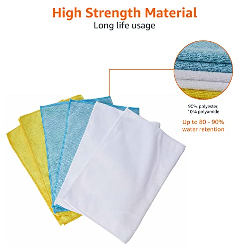 Amazon Basics Microfiber Cleaning Cloth, Non-Abrasive, Reusable and Washable, Pack of 36, Blue/White/Yellow, 16" x 12"