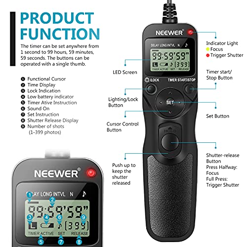 Neewer Timer Remote for Canon 50D, 40D, 30D, 20D, 10D, 5D,1Ds Mark III, 1D Mark III, 1D Mark II N, 1Ds Mark II,1D, 1V, EOS 3, D2000