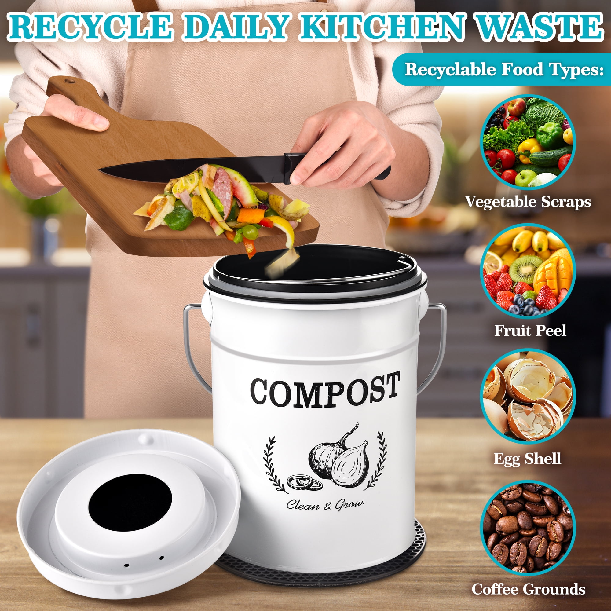 Stylish White Kitchen Countertop Compost Bin