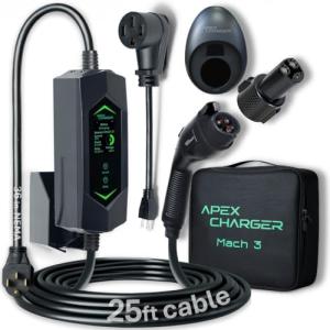 MACH 3 Fast 40 Amp Level 1&2 Portable EV Charger, Electric Vehicle Charging Station, 120-240V NEMA 14-50 w/ 5-15 Adapter. SAE J1772 car Connector & Tesla mobile NACS, Outdoor EVSE, 25ft Cable w/holder