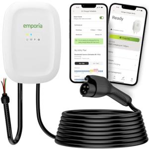 EMPORIA Level 2 EV Charger w/ J1772 Connector — 48 Amp, 240V WiFi Enabled Electric Vehicle Charging Station, 25ft Cable, Hardwired with Whip, White