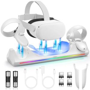 Hurra Charging Dock for Meta Quest 2, VR Charging Station for Oculus Quest 2 Support LED Indicator/Magnetic Charging Headset & Touch Controllers, with 2 Rechargeable Batteries, USB-C Charger & Cable