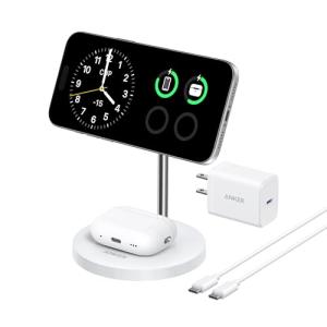 Anker MagSafe Compatible MagGo Charger Stand, iPhone 17 Wireless Charger, 2-in-1 Charging Station, Qi2 Certified 15W Fast Charging, for iPhone 17/16/15/14/13/12, AirPods Pro (40W Adapter Included)
