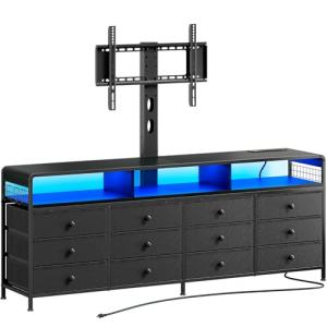 REAHOME TV Stand with Mount, 67" Entertainment Center for 32/45/55/60/65/75 inch TVs, Charging Station and LED Light, Media Console Table with 12 Drawers, Dresser TV Stand for Living Room, Black