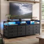 REAHOME TV Stand with Mount, 67" Entertainment Center for 32/45/55/60/65/75 inch TVs, Charging Station and LED Light, Media Console Table with 12 Drawers, Dresser TV Stand for Living Room, Black