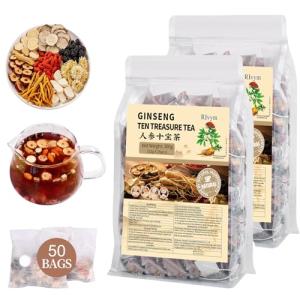 50Pcs Ginseng Ten Treasures Tea, Chinese Traditional Kidney Care Herbal Tea, Natural Kidney Cleanse Detox Tea for Women & Men, 10 Precious Ingredients Formula(50Bags, 600g)