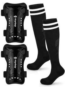 Hryrbay Kids Soccer Shin Guards and Socks Toddler Soccer Shin Pads Protective Defender Gear for Boys Girls Ages 3-15 Great for Training, Matches, Inspired by The World Cup Black L