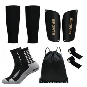 WEIAIGI Soccer Training Equipment Set, 5-in-1 with Shin Guards, Anti-Slip Socks, Leg Sleeves, Sports Tape, Drawstring Bag, US Size 6-11 (Black)