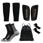 WEIAIGI Soccer Training Equipment Set, 5-in-1 with Shin Guards, Anti-Slip Socks, Leg Sleeves, Sports Tape, Drawstring Bag, US Size 6-11 (Black)