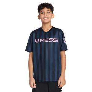 Messi Boys' Lifestyle Short Sleeve Top, Loose-fit V-Neck Shirt with Logo, Comfortable, Striped V-Neck TOP - Stretch Limo, 6