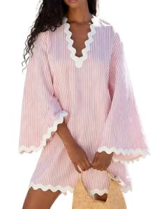 Pink Boho Striped V-Neck Kaftan with Bell Sleeves