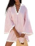 Pink Boho Striped V-Neck Kaftan with Bell Sleeves