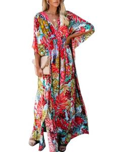 Moss Rose V Neck Kaftan Summer Cover-Up Dresses