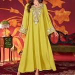 Bright Yellow Embroidered Long Sleeve Kaftan Dress