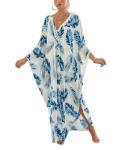 Plus Size Blue Leaves Kaftan Dress Cover-up