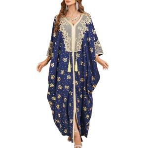 Navy Blue Moroccan Kaftan Dress with Embroidery