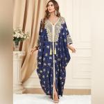 Navy Blue Moroccan Kaftan Dress with Embroidery