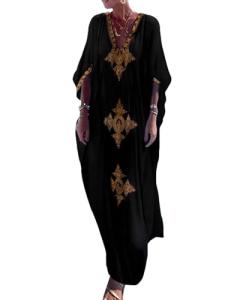 Gold Embroidery V Neck Long Kaftan Dress Black