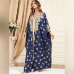 Navy Blue Moroccan Kaftan Dress with Embroidery
