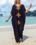 Gold Embroidery V Neck Long Kaftan Dress Black