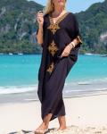 Gold Embroidery V Neck Long Kaftan Dress Black