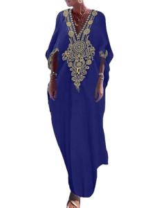 Navy Blue Gold Embroidered Long Kaftan Dress