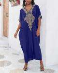 Navy Blue Gold Embroidered Long Kaftan Dress