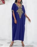 Navy Blue Gold Embroidered Long Kaftan Dress