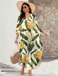 Pale Yellow Flower V Neck Kaftan Cover-Up