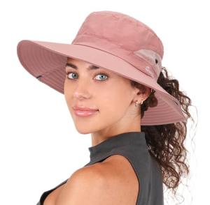 Womens Wide Brim Sun Hat with Ponytail Hole