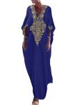 Navy Blue Gold Embroidered Long Kaftan Dress
