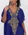Navy Blue Gold Embroidered Long Kaftan Dress