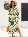 Pale Yellow Flower V Neck Kaftan Cover-Up