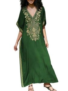 Golden Leaf Embroidery Oversized Black Green Kaftan