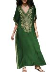 Golden Leaf Embroidery Oversized Black Green Kaftan