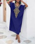 Navy Blue Gold Embroidered Long Kaftan Dress