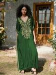 Golden Leaf Embroidery Oversized Black Green Kaftan