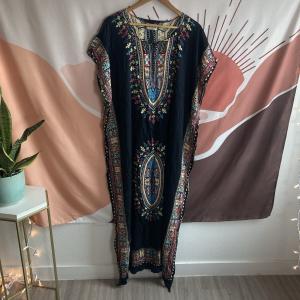 Boho Chic Black Batik Paisley Kaftan Maxi Dress