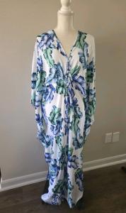 Tropical Floral Kaftan Dress in White and Blue