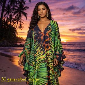 Glam Satin Tropical Animal Print Kaftan Dress