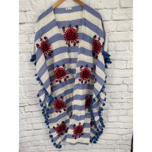 Blue & White Striped Tassel Boho Kaftan