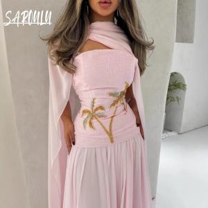 Elegant Pink Chiffon Beaded Evening Kaftan Dress
