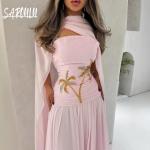 Elegant Pink Chiffon Beaded Evening Kaftan Dress