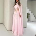 Elegant Pink Chiffon Beaded Evening Kaftan Dress