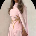 Elegant Pink Chiffon Beaded Evening Kaftan Dress