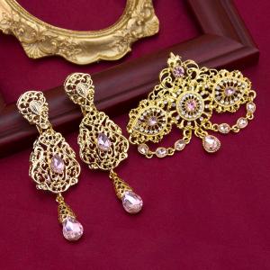 Gold Moroccan Jewelry Caftan Brooch and Earring Set