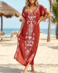 Embroidered Short Sleeve V Neck Beach Kaftan